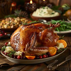 Close-up of a golden-brown turkey on a platter
