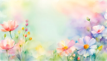 Obraz na płótnie Canvas A watercolor style illustration of spring flowers in pastel colors and soft green background with open space for text. 