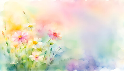 Fototapeta na wymiar A watercolor style illustration of spring flowers in pastel colors and soft green background with open space for text. 
