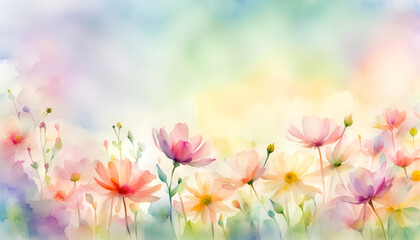 Obraz na płótnie Canvas A watercolor style illustration of spring flowers in pastel colors and soft green background with open space for text. 