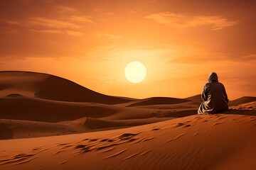 Fototapeta na wymiar person sitting on dune in the desert, sitting on a dune in the desert, desert dune