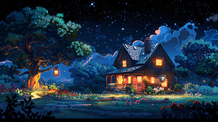 Fototapeta na wymiar A house on a hill with a starry night sky and a stunning wildflower illustration.