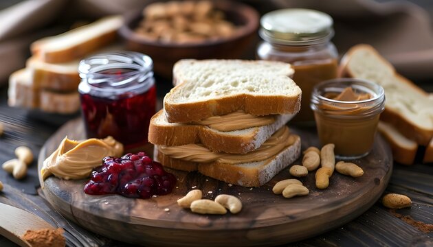 Peanut butter and jelly sandwich ingredients on preparation wood board with jars and bread