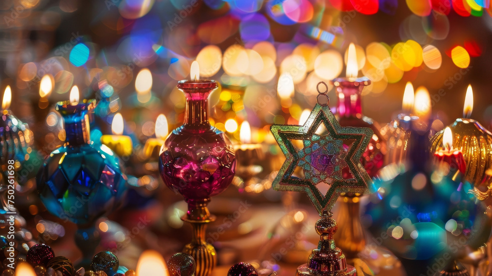 Poster a kaleidoscope of colors in an array of hanukkah decorations from glittering garlands to sparkling o