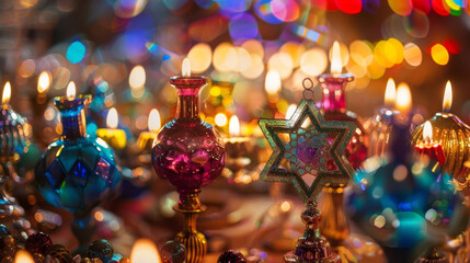 A kaleidoscope of colors in an array of Hanukkah decorations from glittering garlands to sparkling ornaments.