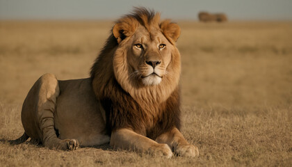 Obraz premium The king of the savannah the lion rests at sunset