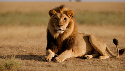 The king of the savannah the lion rests at sunset