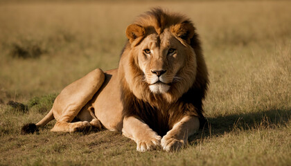 Naklejka premium The king of the savannah the lion rests at sunset