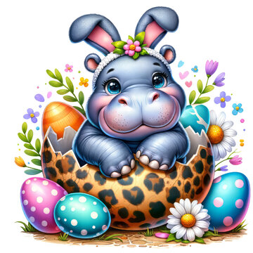 Baby Hippo Wearing Bunny Headband and Sitting on Leopard Easter Egg