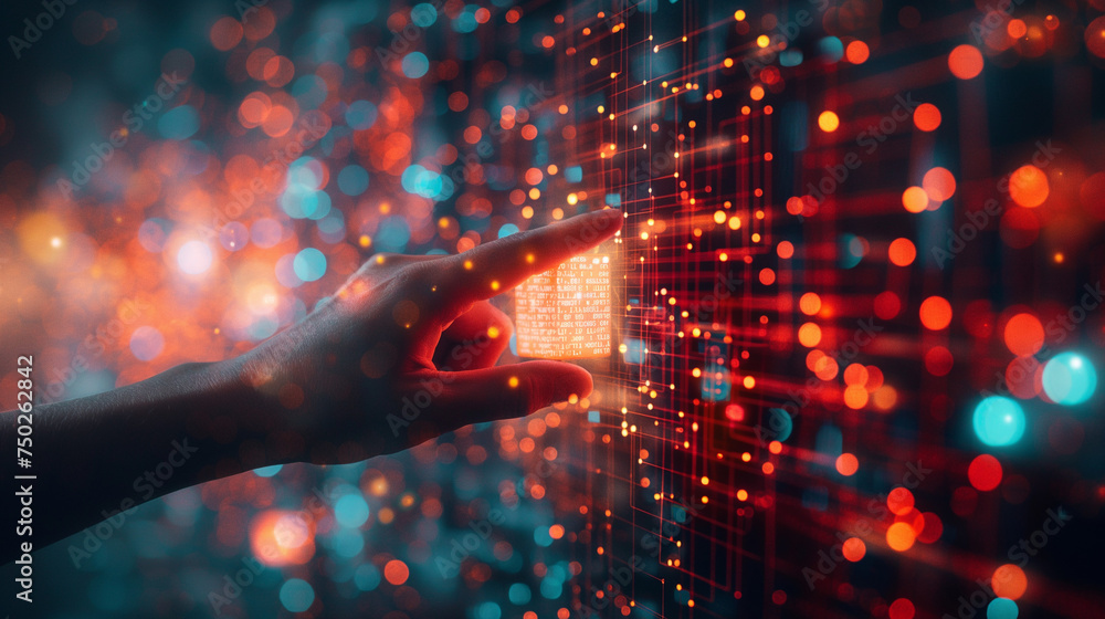 Poster hand pointing at abstract glowing cubes on blurry circuit background. innovation and creativity conc
