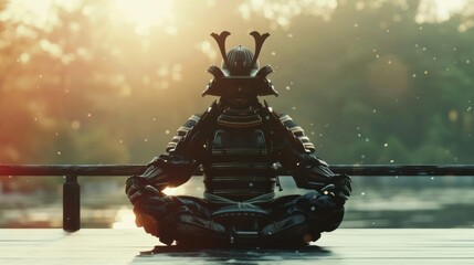 An experienced samurai sits in meditation his armor gleaming in the sunlight as he reflects on the principles of bushido.