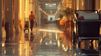 A Day in the Life of a Hotel Janitor: Realistic Digital Illustration of a Janitor Maneuvering a Cleaning Cart Down a Corridor, Showcasing the Daily Activities and Focused Cleaning Service Profession - obrazy, fototapety, plakaty