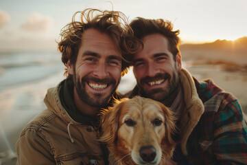 Naklejka premium two men in their holding a dog and looking very happy outside on beach