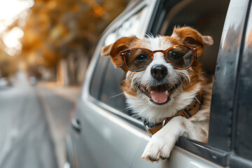 Cute dog wearing sun glasses sticking head out of car's window while driving in suburb road