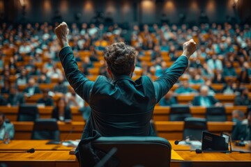 Politician raising their fist in victory and passion during a parliamentary session, with a blurred audience of colleagues and delegates in the background, back view - obrazy, fototapety, plakaty