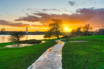Beautiful sunset at the Willen Lake. Milton Keynes. England
