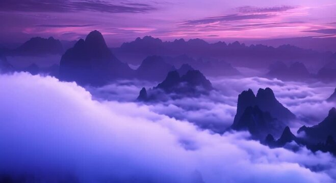 mountains filled with mist and purple skies