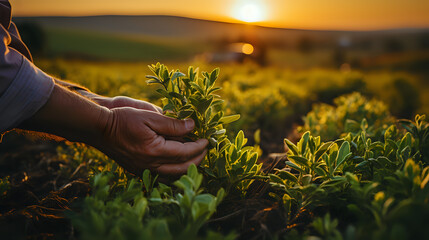 Fototapeta premium Sustainable Farming at Golden Hour. A farmer's hands tenderly inspecting crops in the field during the golden hour, symbolizing sustainable agriculture and connection with the earth.