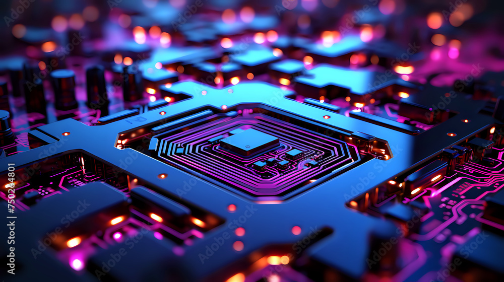 Poster pulse of technology. close-up of a glowing futuristic circuit board with a central processor, radiat