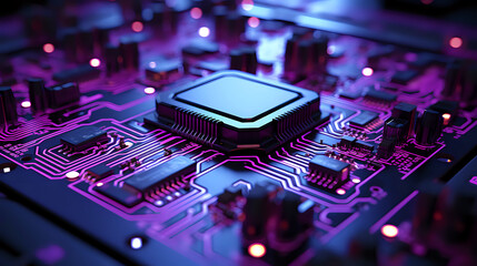 Futuristic Circuit Board Technology.
A close-up of a circuit board with illuminated pathways, ideal for technology, computing, and electronics themes.