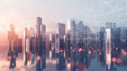 Abstract city skyline with reflections and polygonal network. Communication and urban digital transformation. 3D Rendering. - obrazy, fototapety, plakaty