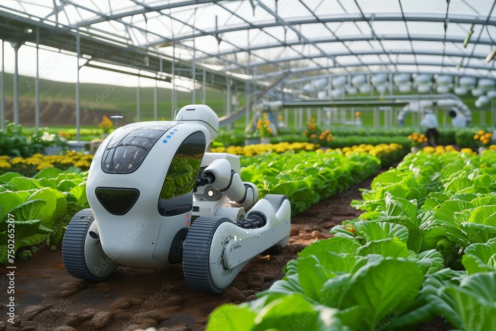 Aufkleber modern greenhouse with robots. background with selective focus and copy space