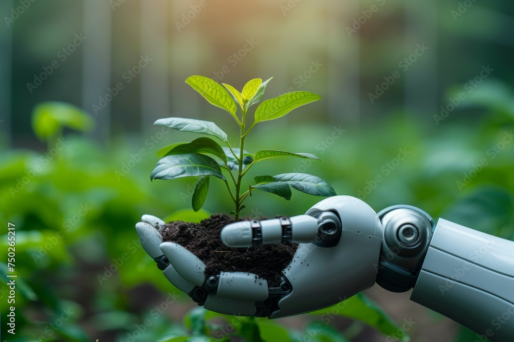 Poster a robot hand works on a modern farm. background with selective focus and copy space
