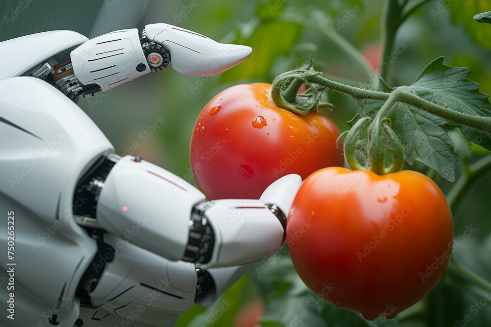 Poster a robot hand works on a modern farm. background with selective focus and copy space