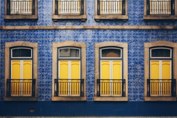 An old residential building with yellow and blue brick walls and colorful windows.