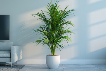 Fototapeta na wymiar Tropical-looking houseplants in white pots in a minimalist, simple, white-walled living room with a calming atmosphere. Mockup and plant concept.
