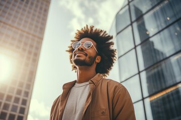 African American man with modern clothing, afro hairstyle, and sunglasses looks at the sky in the city center. - obrazy, fototapety, plakaty