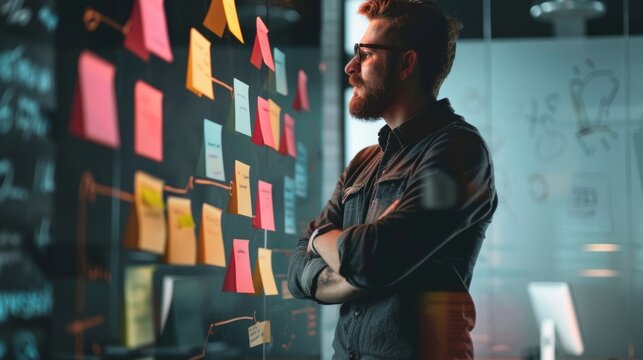 A young business owner confidently leads a team meeting outlining their strategic approach for tackling agile projects in a dynamic marketplace.