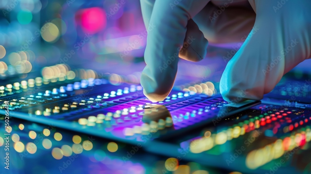 Poster a closeup of a semiconductor wafer sporting a maze of precisely etched microchips with a workers glo