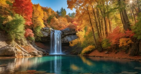 Vibrant colors of autumn foliage reflecting in the pool below the waterfall