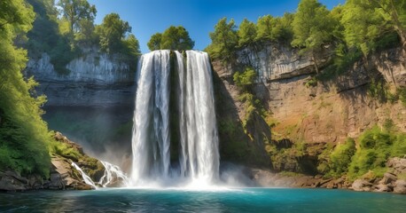 Waterfall against a bright sunlight and clear blue sky