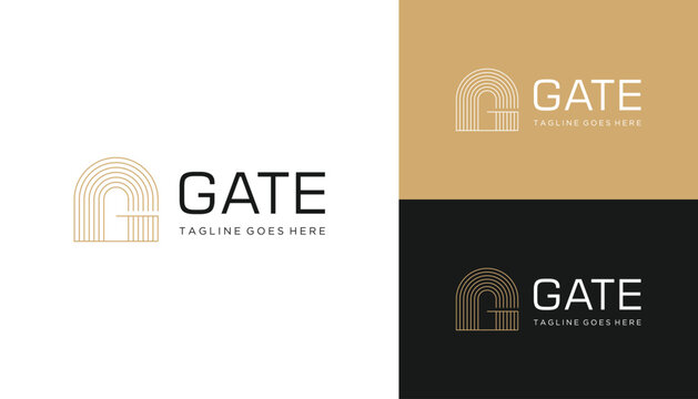 Golden Initial Letter G with Classic Castle Gate Shape Line Art Logo Design