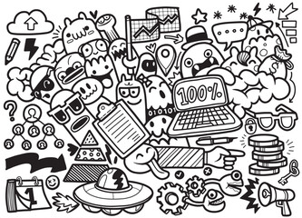 Hand Drawn  Black and white doodle artwork featuring various technology and lifestyle icons, expressing contemporary chaos and connectivity.
