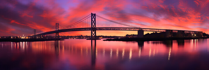 Dusk over River: A Panoramic Perspective of Architectural Mastery and Vibrant Skies