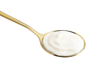 One golden spoon with mayonnaise isolated on white