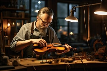 An adult craftsman wearing glasses sits at a table in a luthier outfit and paints a wooden violin in the light. - obrazy, fototapety, plakaty