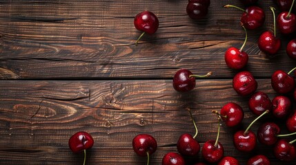 Cherries on rustic table. Cherry top view background.