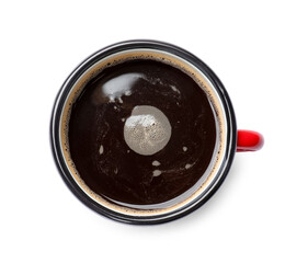 Aromatic coffee in cup isolated on white, top view