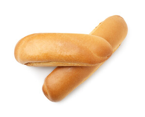 Fresh hot dog buns isolated on white, top view