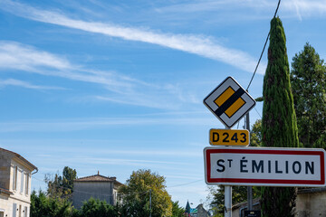 City road sign in St. Emilion town, production of red Bordeaux wine, Merlot or Cabernet Sauvignon...