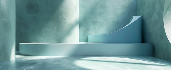 Cool-toned abstract background with cylindrical podiums casting soft shadows on a textured wall.