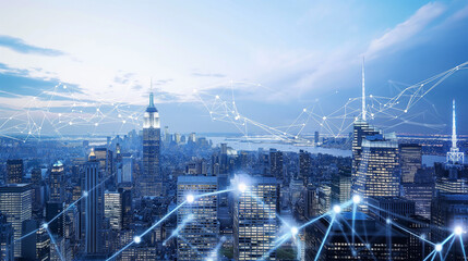 Skyline of New York city with double exposure of immersive wireframe network interface. Concept of smart city and internet connection. Life in cyberspace. - obrazy, fototapety, plakaty