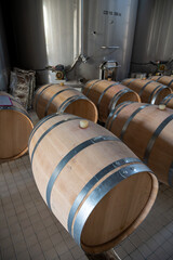 French oak wooden barrels for aging red wine in cellar, Saint-Emilion wine making region picking, sorting with hands and crushing Merlot or Cabernet Sauvignon red wine grapes, France, Bordeaux