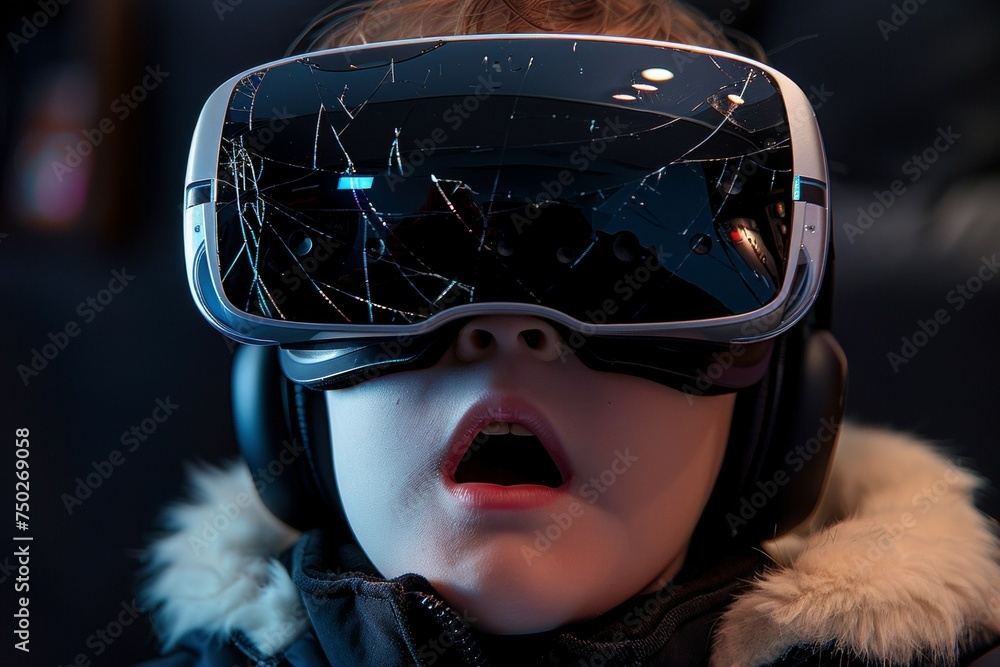 Poster broken virtual reality glasses with cracks. background with selective focus and copy space