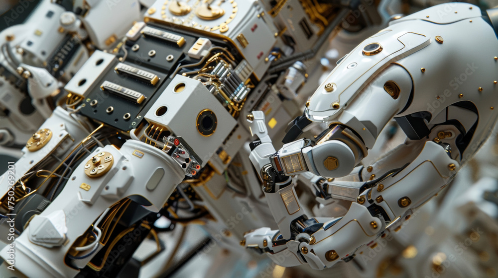Poster the intricate circuitry and wiring of a robotic exoskeleton working in tandem with a stroke survivor