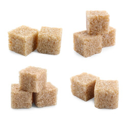 Brown sugar cubes isolated on white, set
